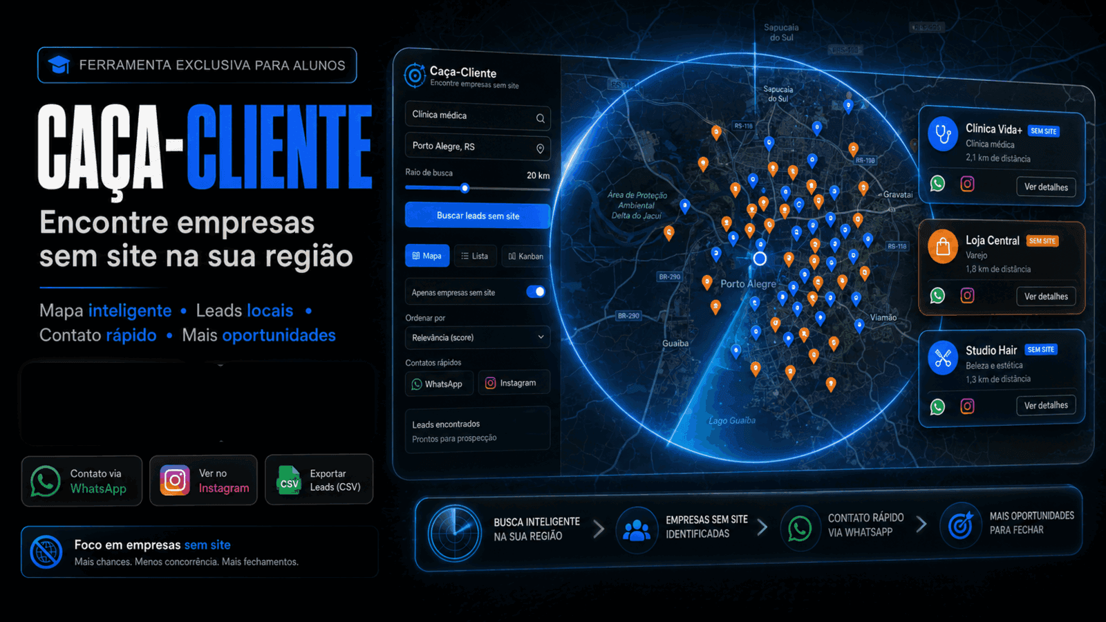Tela do Caça-Cliente mostrando um mapa com empresas sem site encontradas numa região