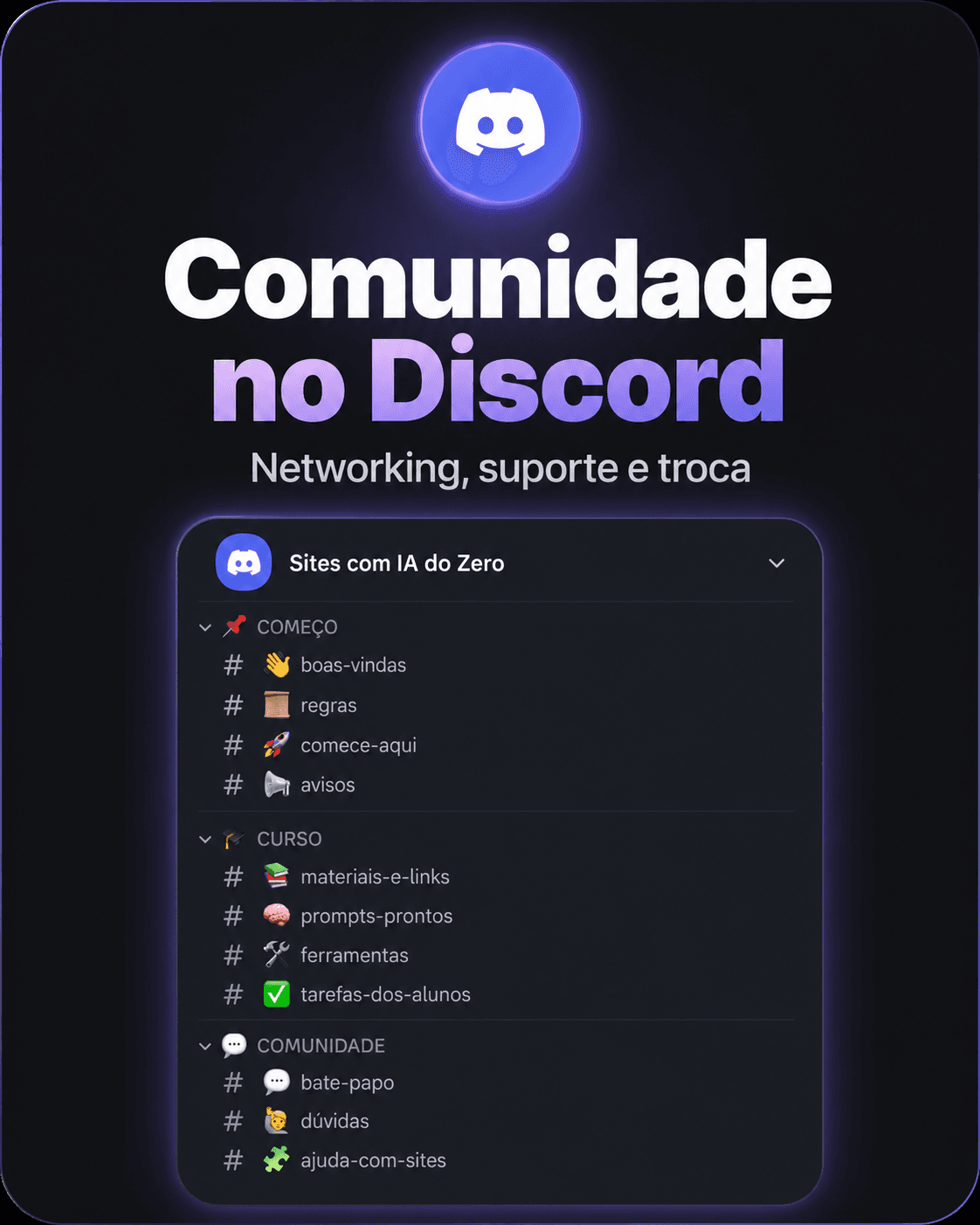 Comunidade dos alunos no Discord — canais organizados do Sites com IA do Zero