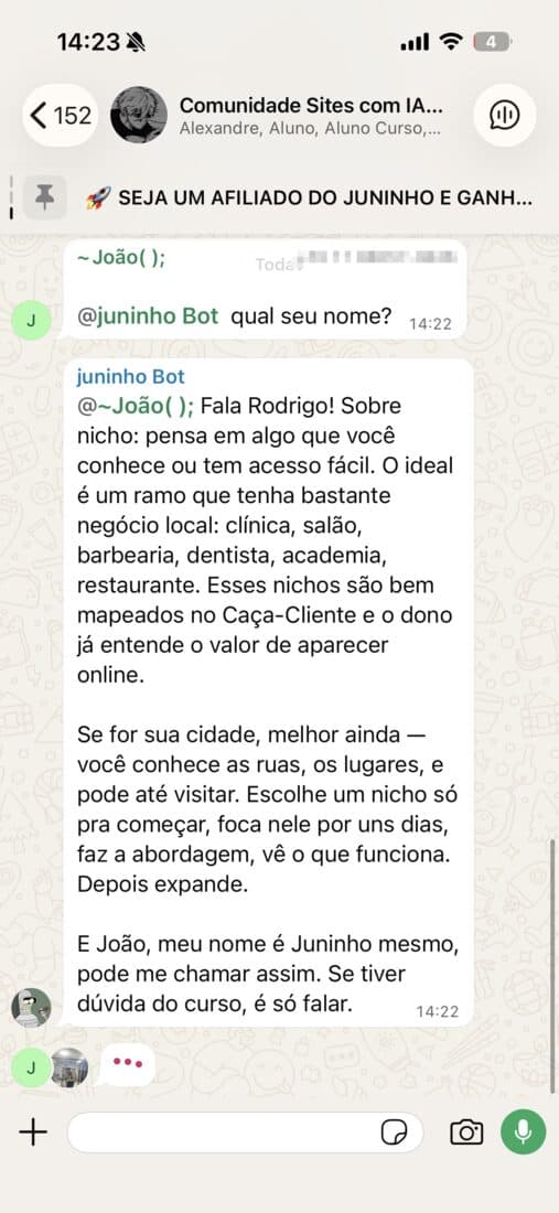 Print do Juninho Bot orientando um aluno na escolha de nicho com negócios locais