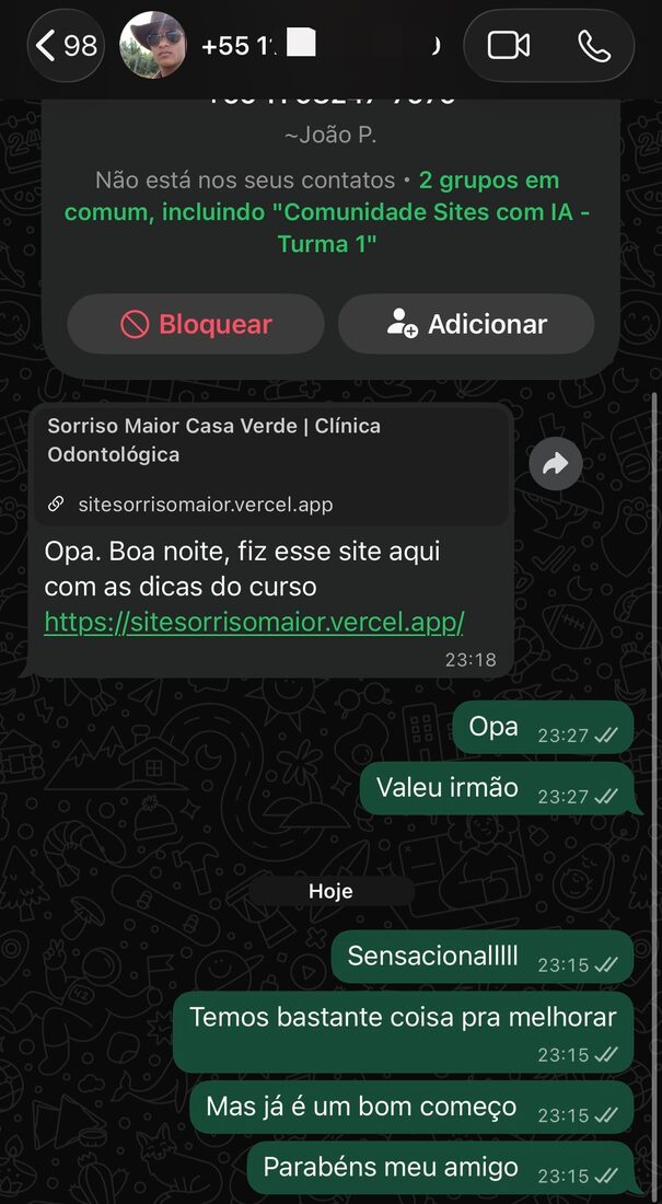 Print real enviado por aluno do curso mostrando venda fechada, site entregue ou conversa com cliente