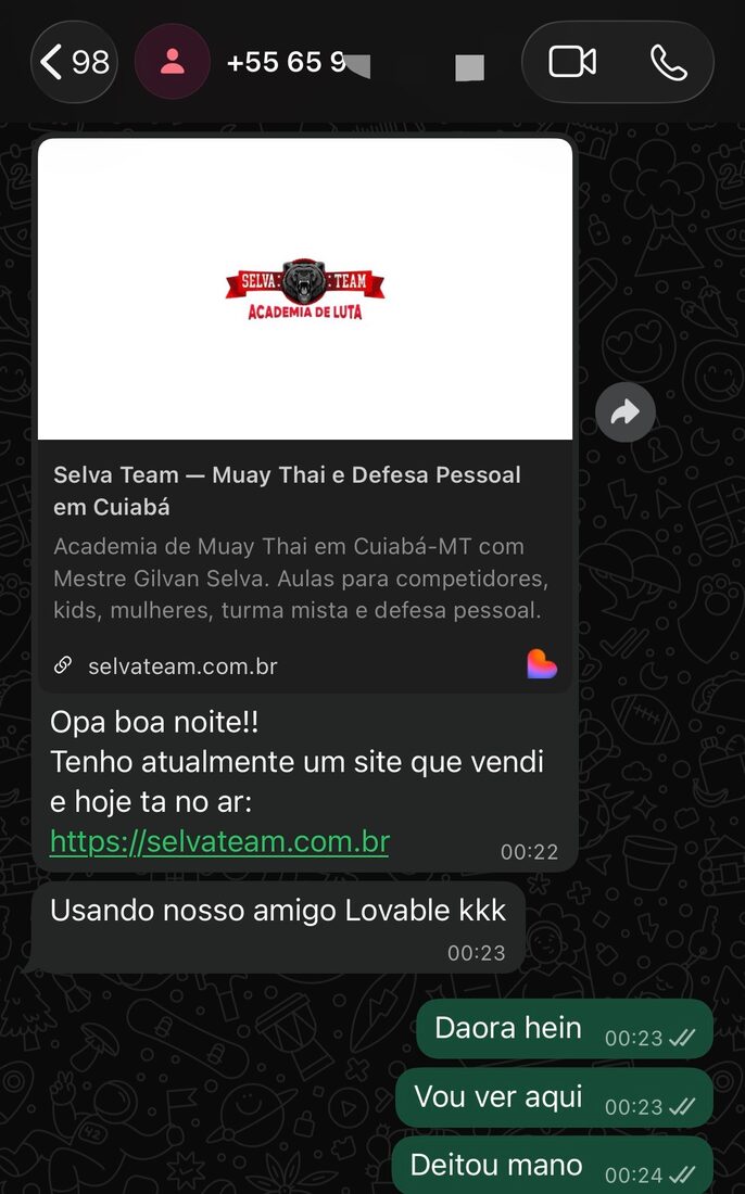 Print real enviado por aluno do curso mostrando venda fechada, site entregue ou conversa com cliente