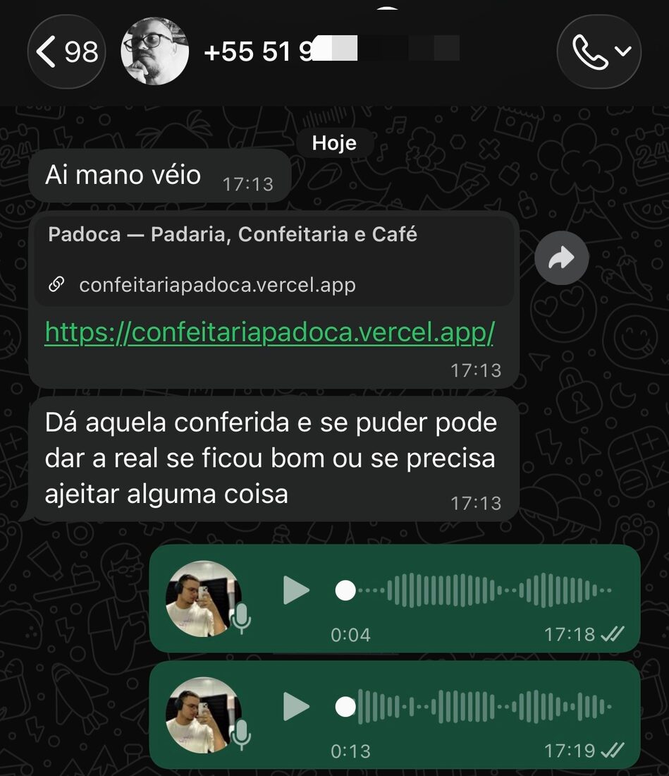 Print real enviado por aluno do curso mostrando venda fechada, site entregue ou conversa com cliente