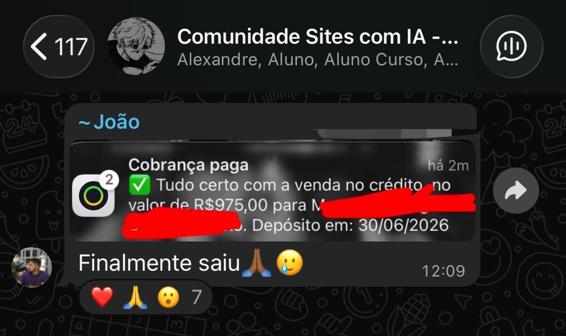 Print real enviado por aluno do curso mostrando venda fechada, site entregue ou conversa com cliente