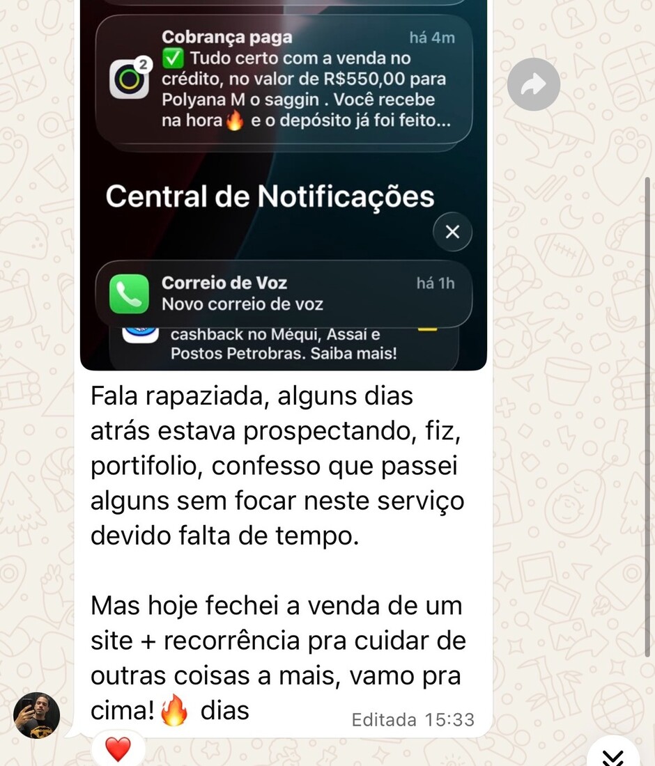 Print real enviado por aluno do curso mostrando venda fechada, site entregue ou conversa com cliente