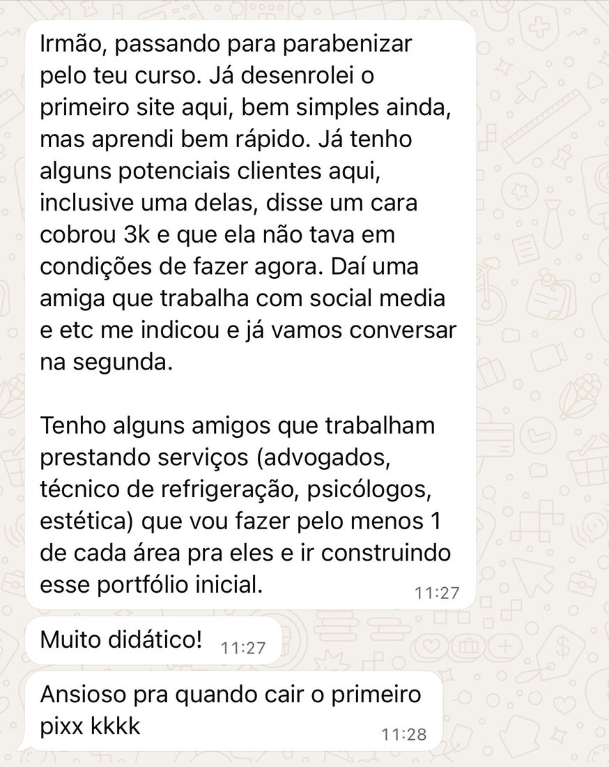 Print real enviado por aluno do curso mostrando venda fechada, site entregue ou conversa com cliente