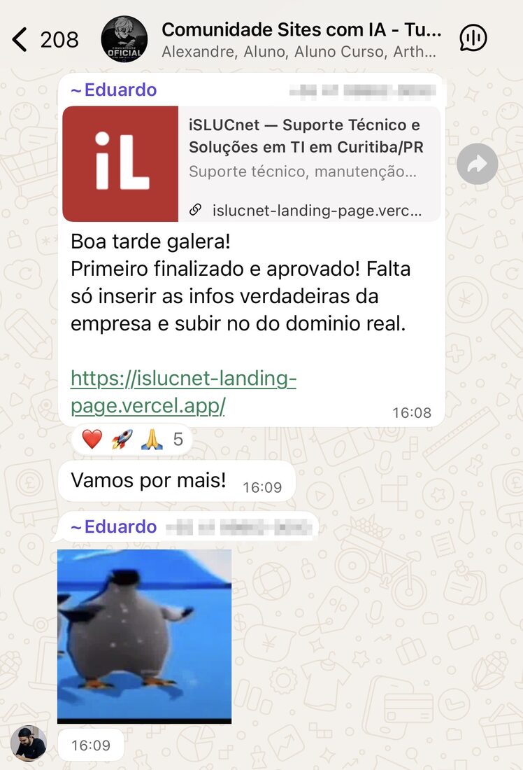 Print real enviado por aluno do curso mostrando venda fechada, site entregue ou conversa com cliente