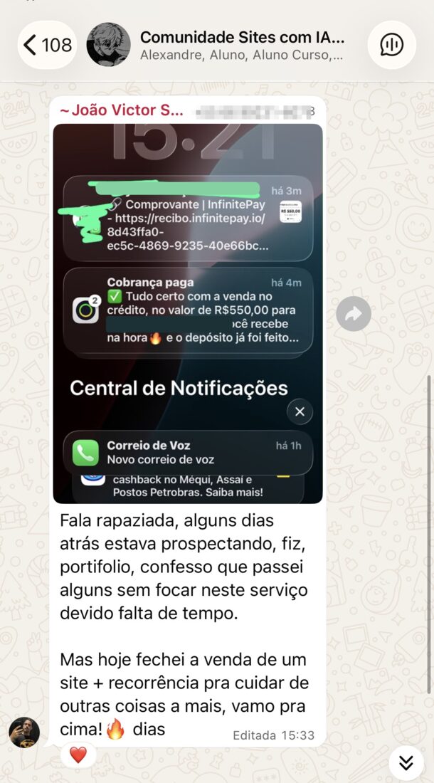 Print real enviado por aluno do curso mostrando venda fechada, site entregue ou conversa com cliente